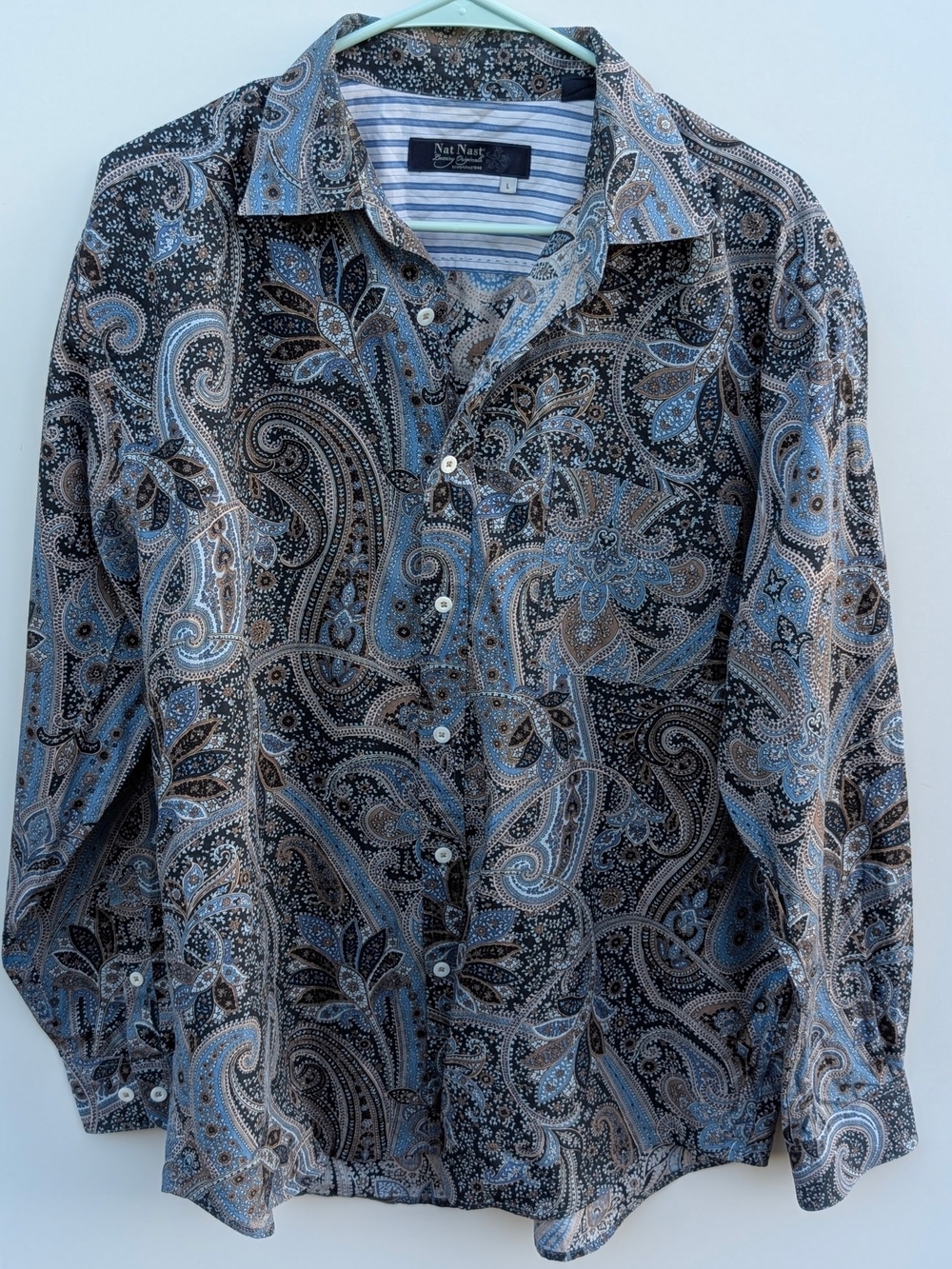 Nat Nast Luxury Originals Navy Smoke Paisley Button-Down Shirt in Blue and Brown